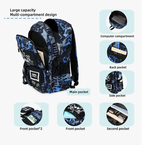 Blue and Black Gaming Backpack Set with Controller Design Glow In The Dark NWOT - Picture 3 of 16
